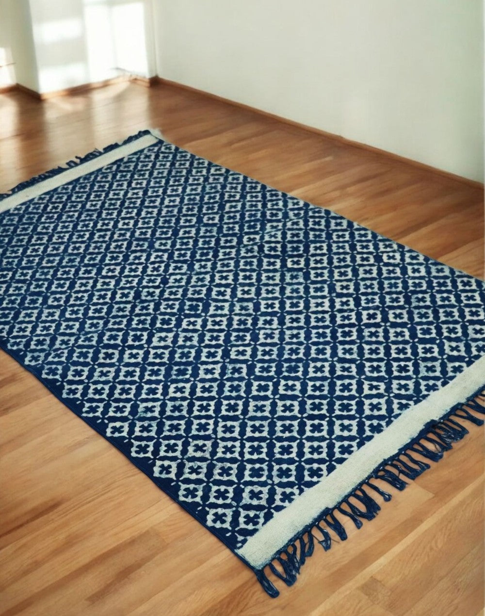 Blue Indigo Diya Cotton Woven Printed Dhurrie