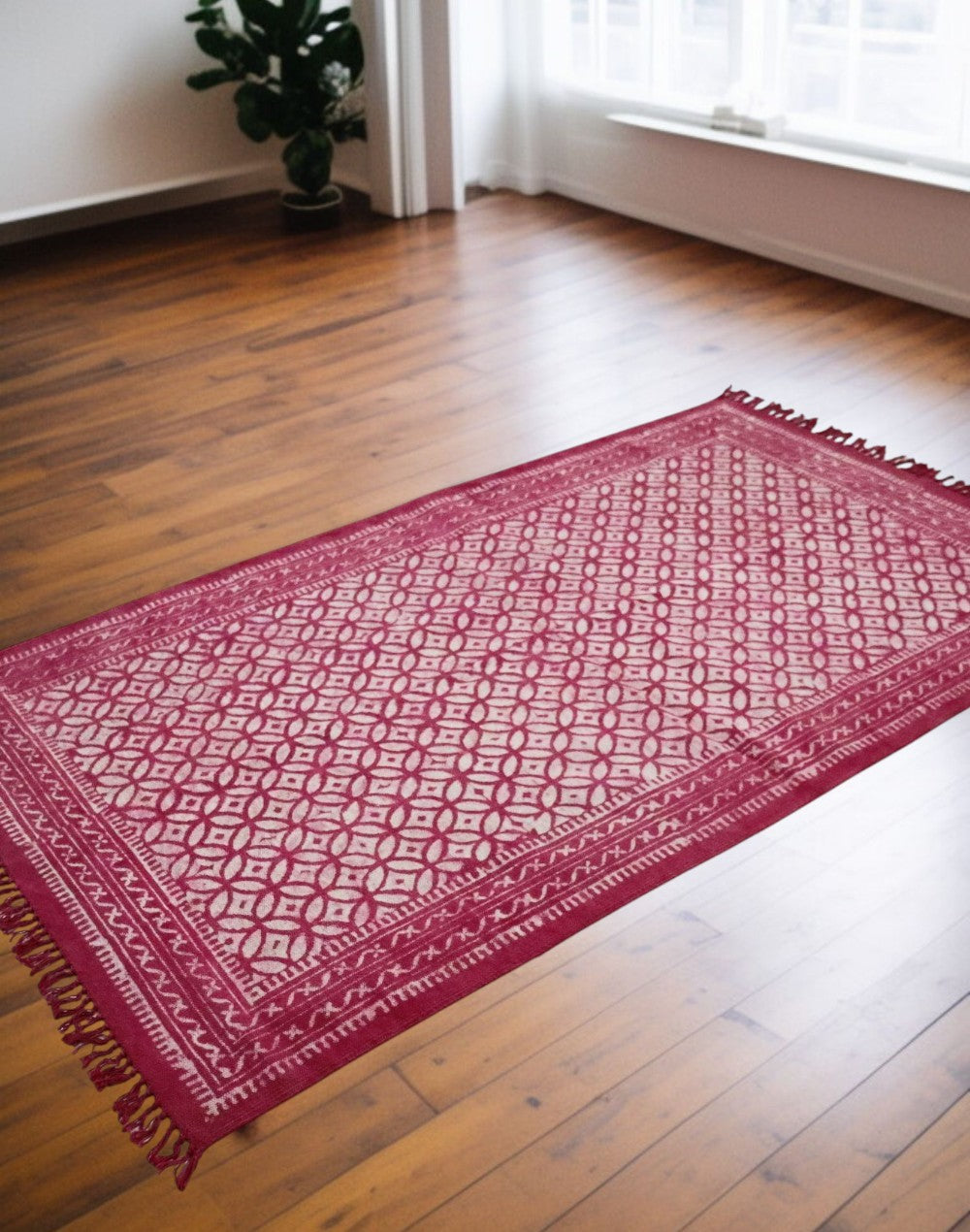 Fushia Vanya Cotton Woven Dabu Printed Dhurrie