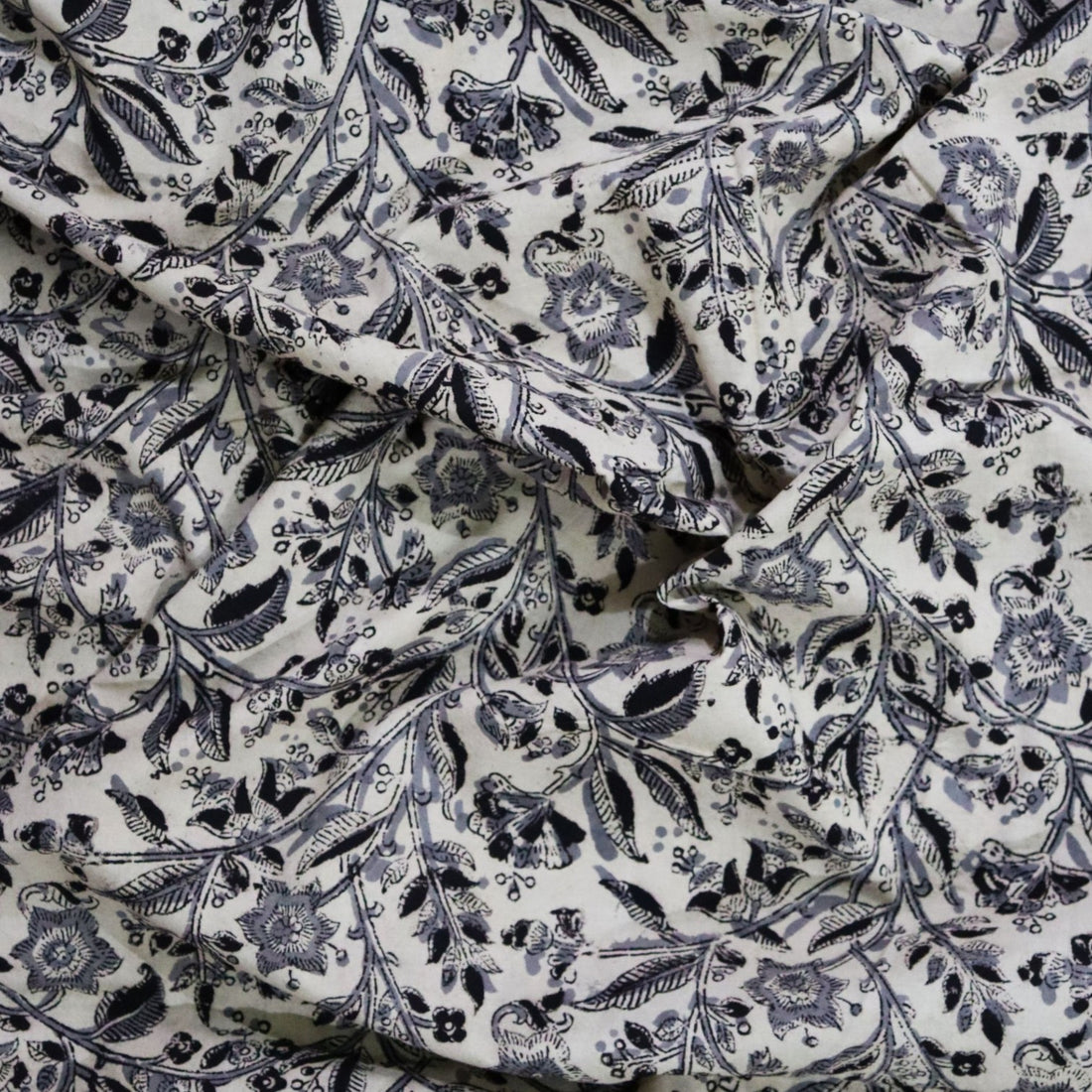 Grey Floral Kalamkari Hand block Print Fabric