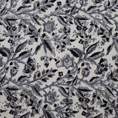 Grey Floral Kalamkari Hand block Print Fabric