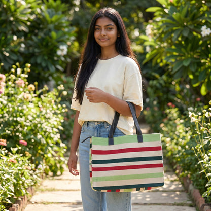 Green Woven Stripe Dhurrie Tote Bag