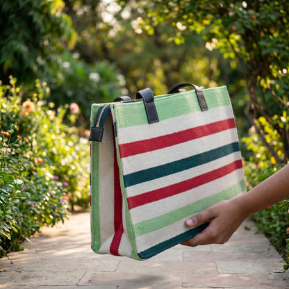 Green Woven Stripe Dhurrie Tote Bag