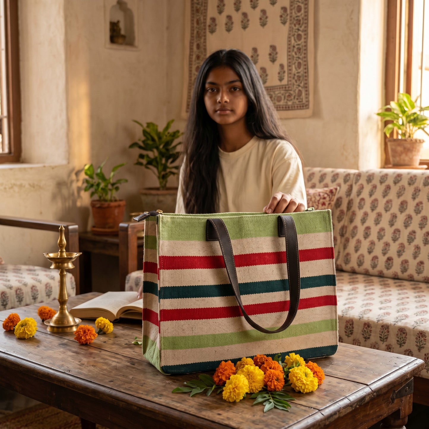 Green Woven Stripe Dhurrie Tote Bag