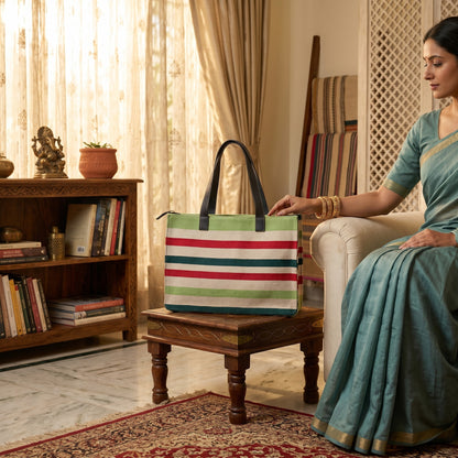 Green Woven Stripe Dhurrie Tote Bag