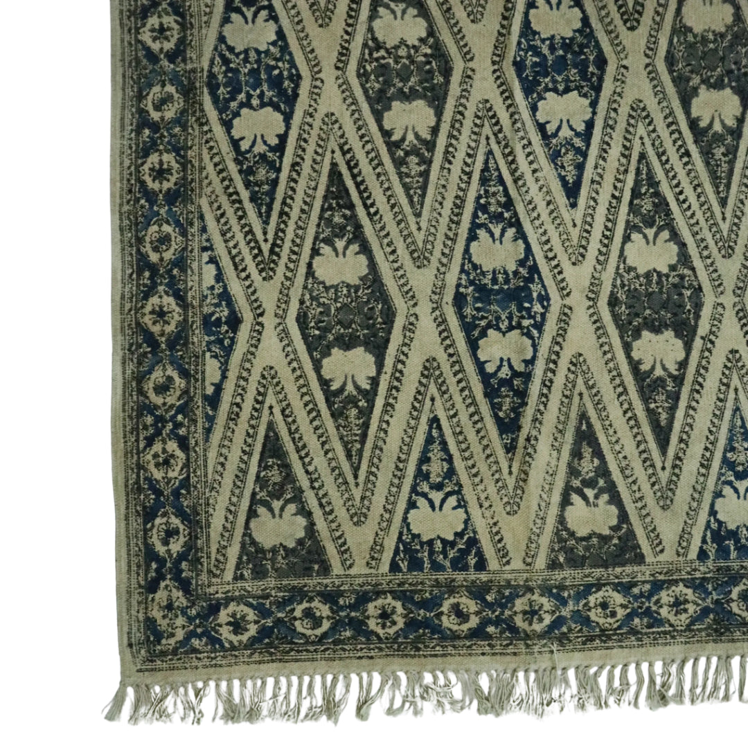 Blue Grey Woven Kalamkari Printed Dhurrie
