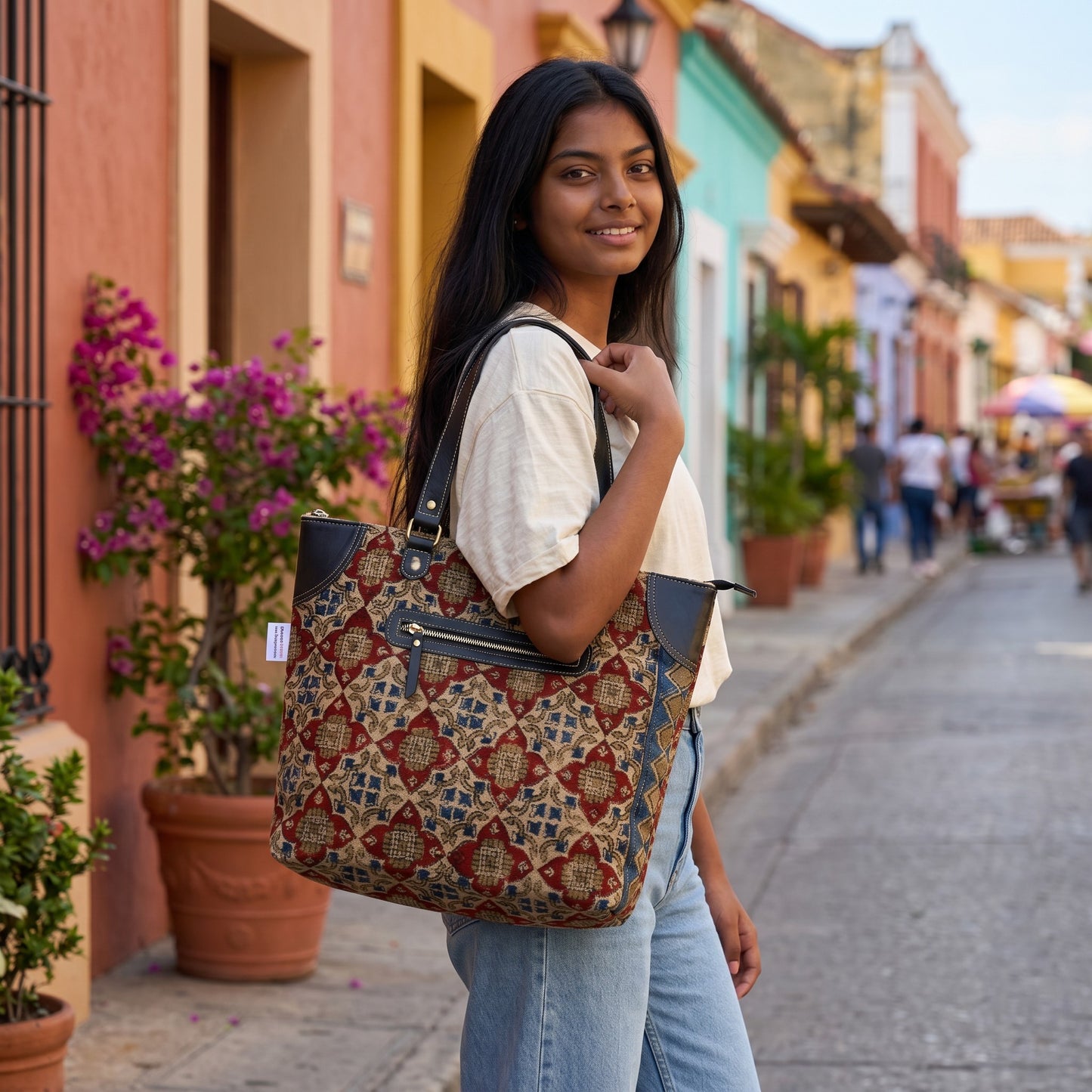 Red Vara Kalamkari Dhurrie Tote Bag.