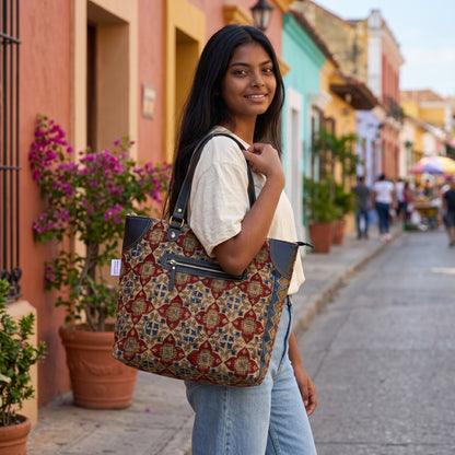 Red Vara Kalamkari Dhurrie Tote Bag.