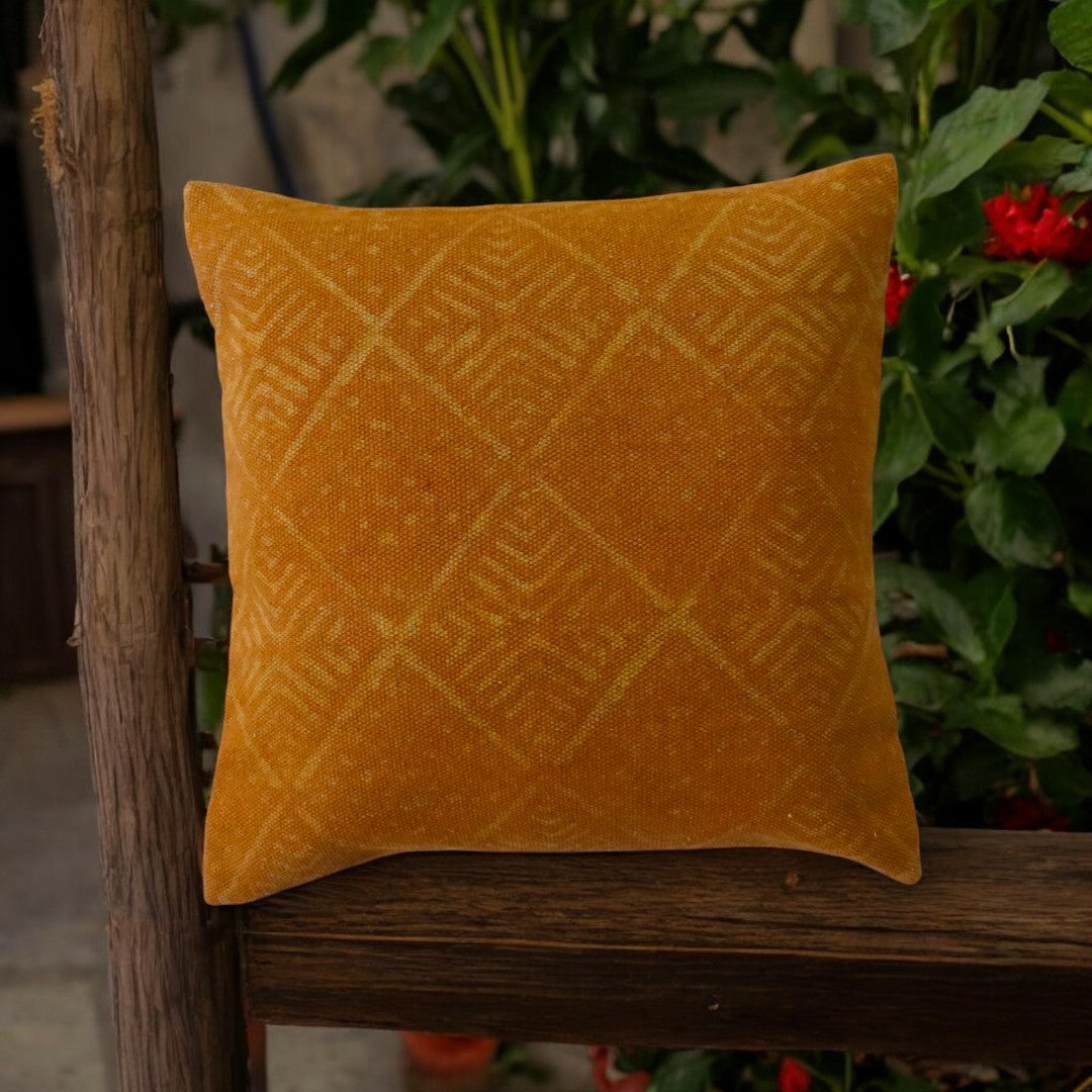 Cotton Dabu Printed Ocra Cushion Covers