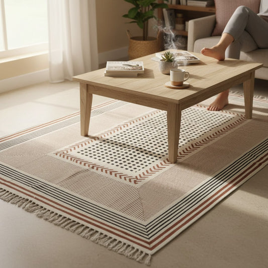 Block Printed Light Orenge Cotton Dhurrie