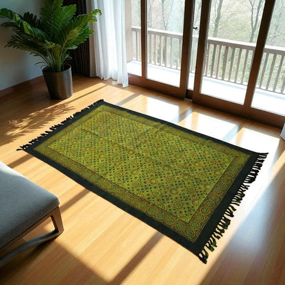 Sari Ajrakh Cotton Woven Block Printed Dhurrie