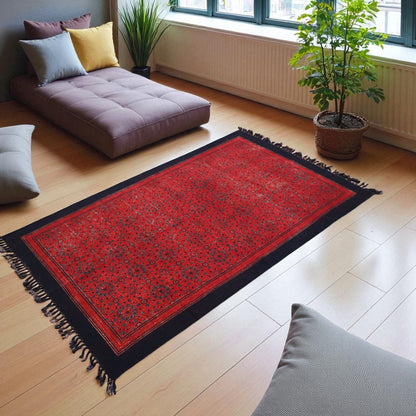 Red Ajrakh Cotton Woven Block Printed Dhurrie