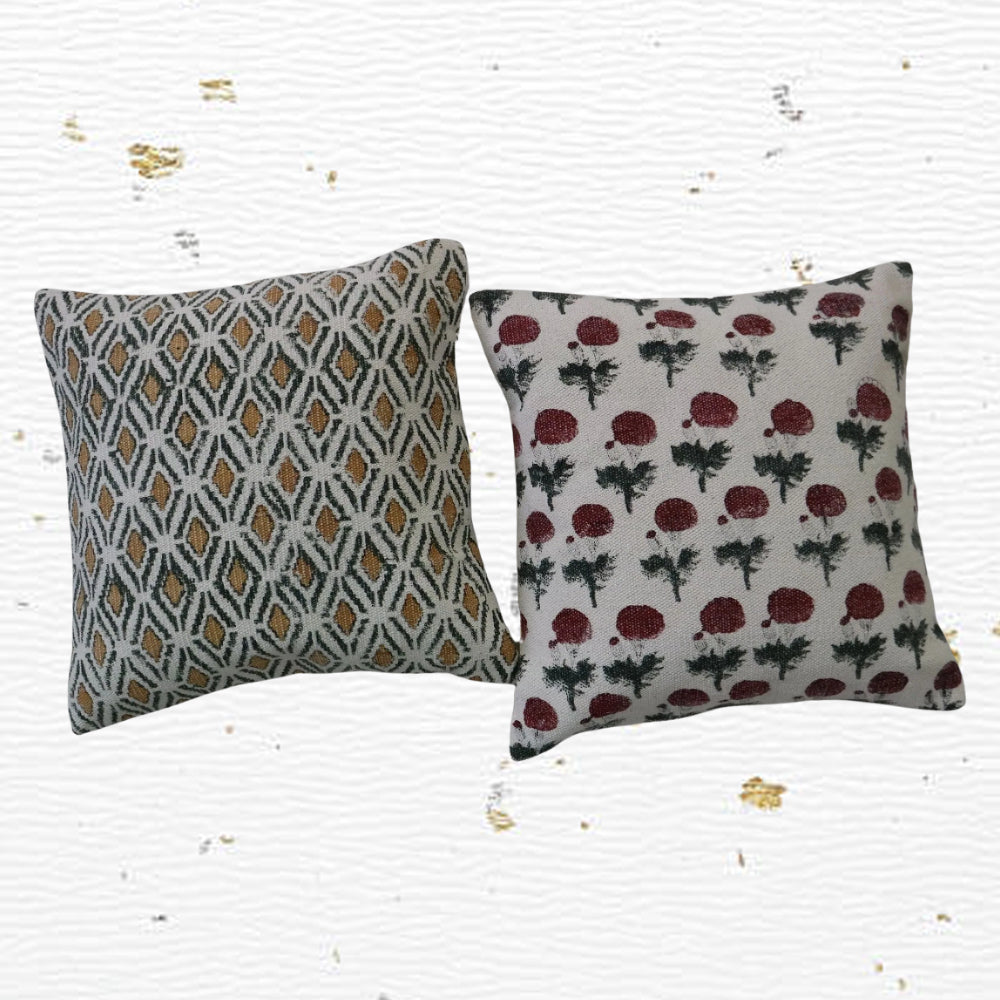 Cotton Block Printed Phool Cushion Cover