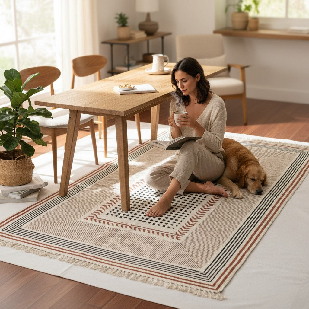 Block Printed Light Orenge Cotton Dhurrie