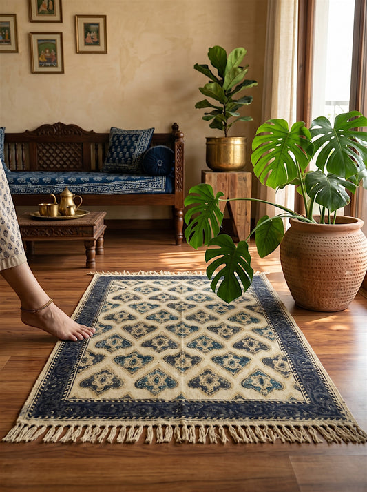Nabha Kalamkari Handblock Printed Cotton Dhurrie