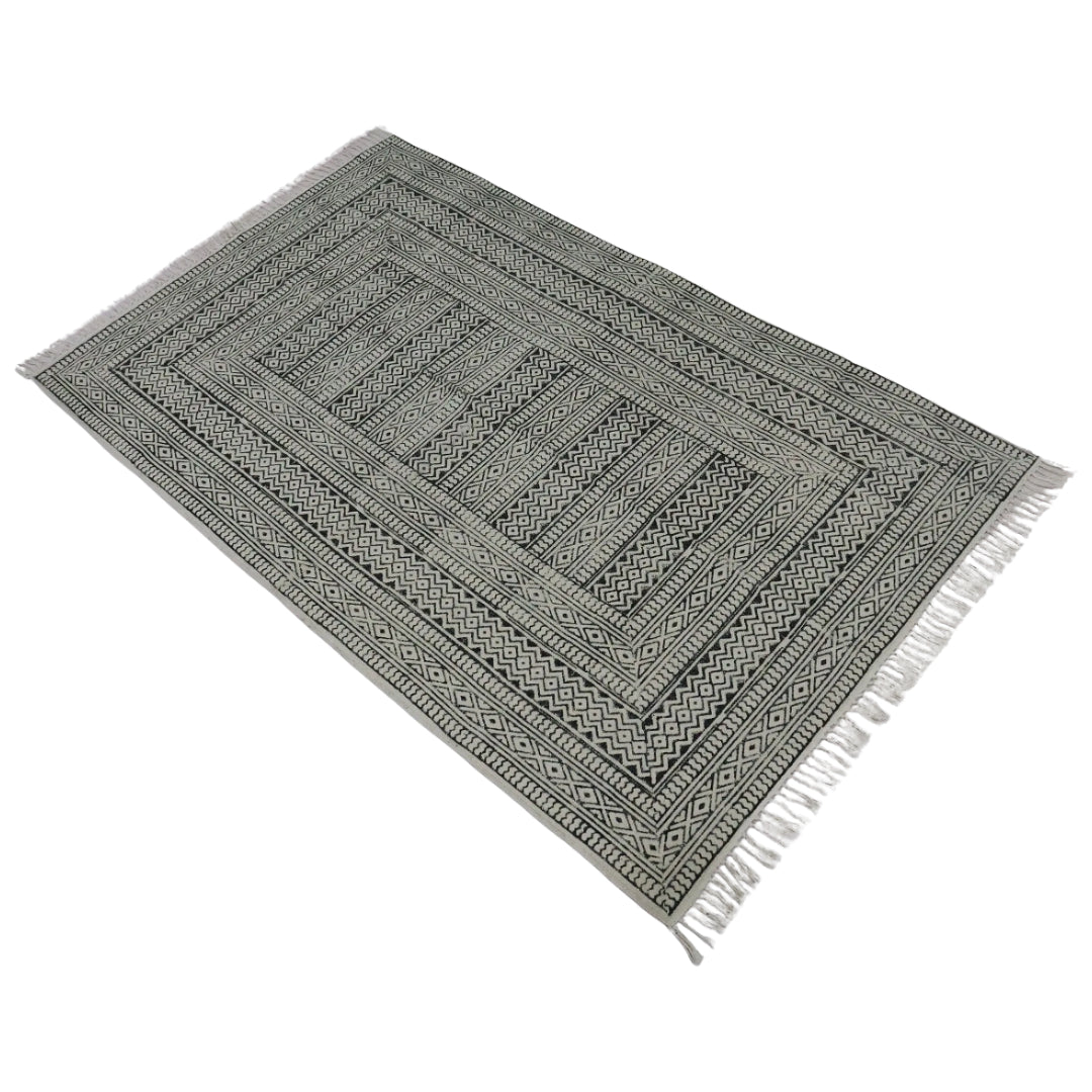 Block Printed Cotton Woven Black Dhurrie
