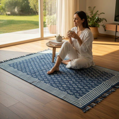 Dhara Dabu Indigo Cotton printed Dhurrie