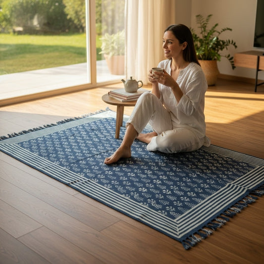 Dhara Dabu Indigo Cotton printed Dhurrie