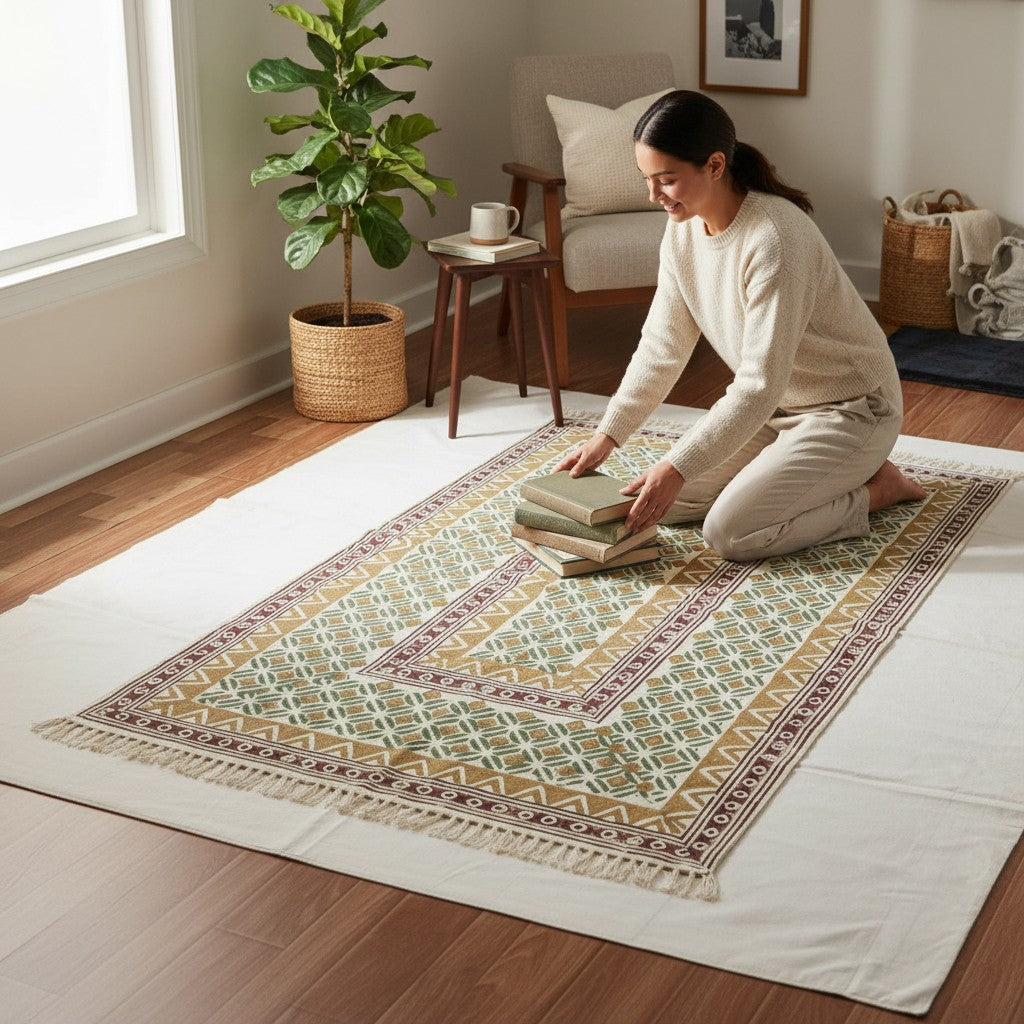 Block Printed Ocra Green Cotton Dhurrie