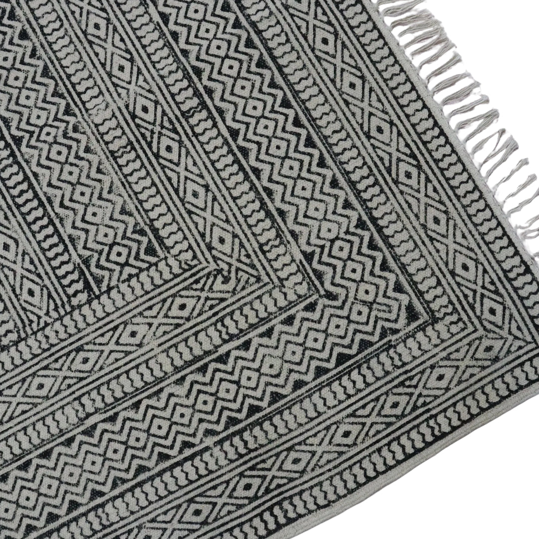 Block Printed Cotton Woven Black Dhurrie