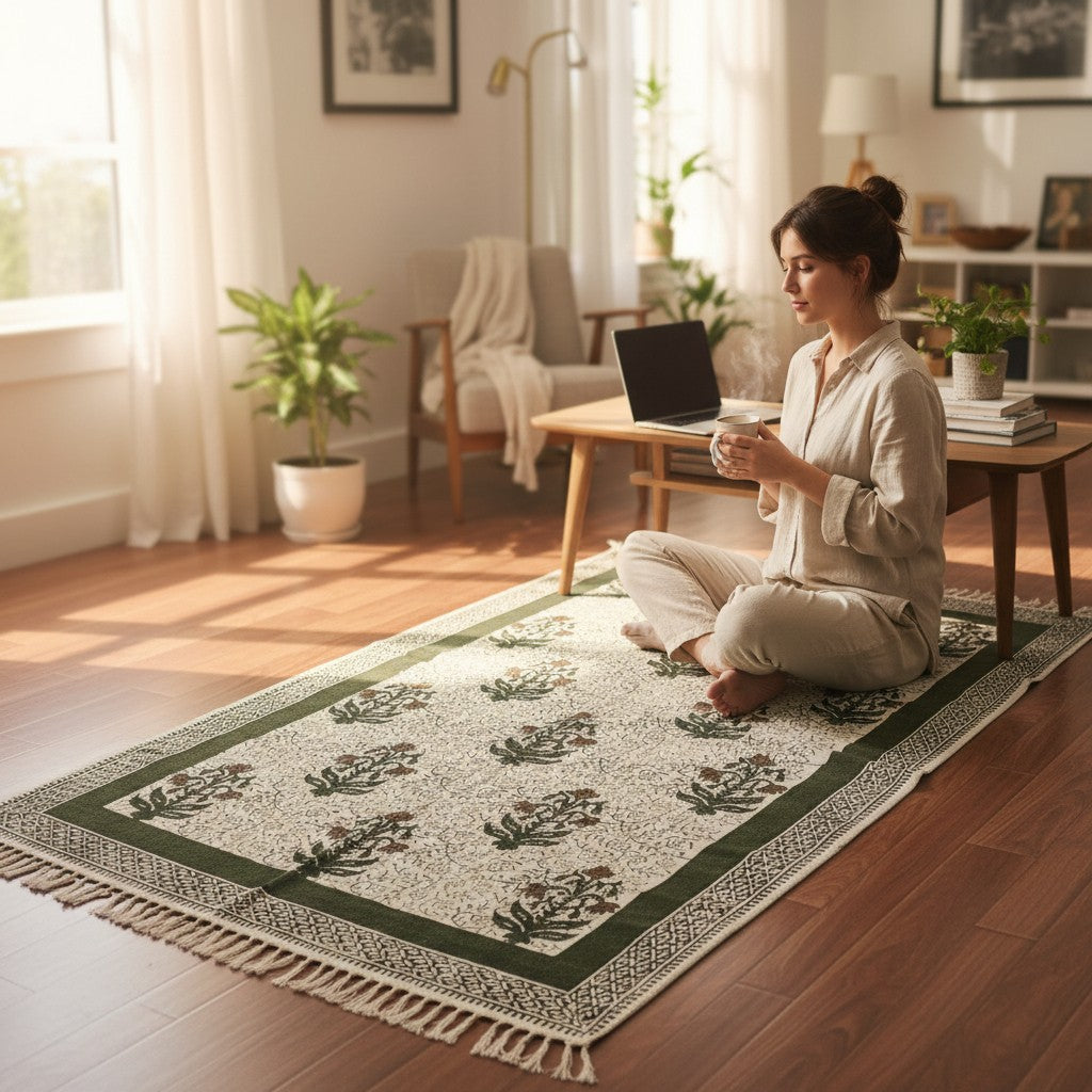 Block Printed Forest Green Cotton Dhurrie