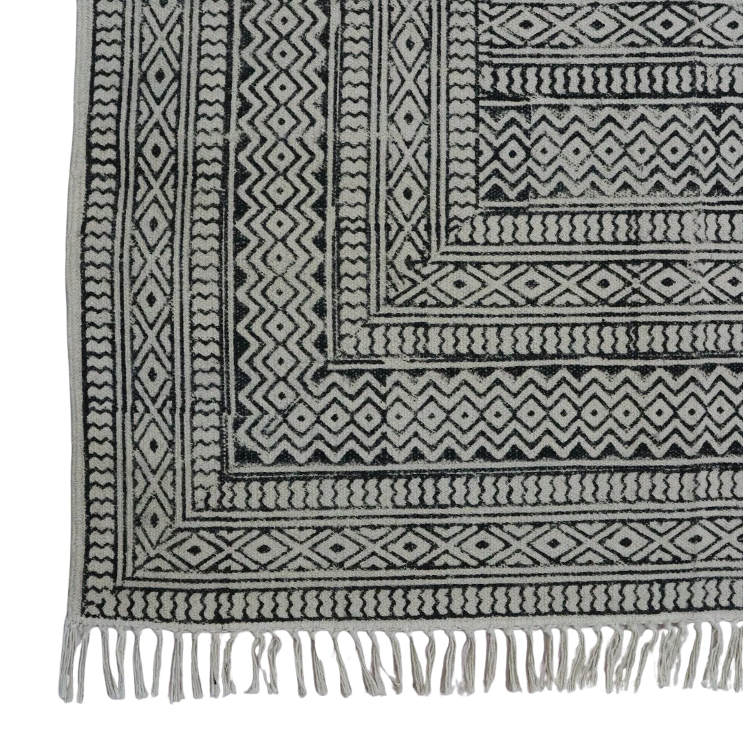 Block Printed Cotton Woven Black Dhurrie