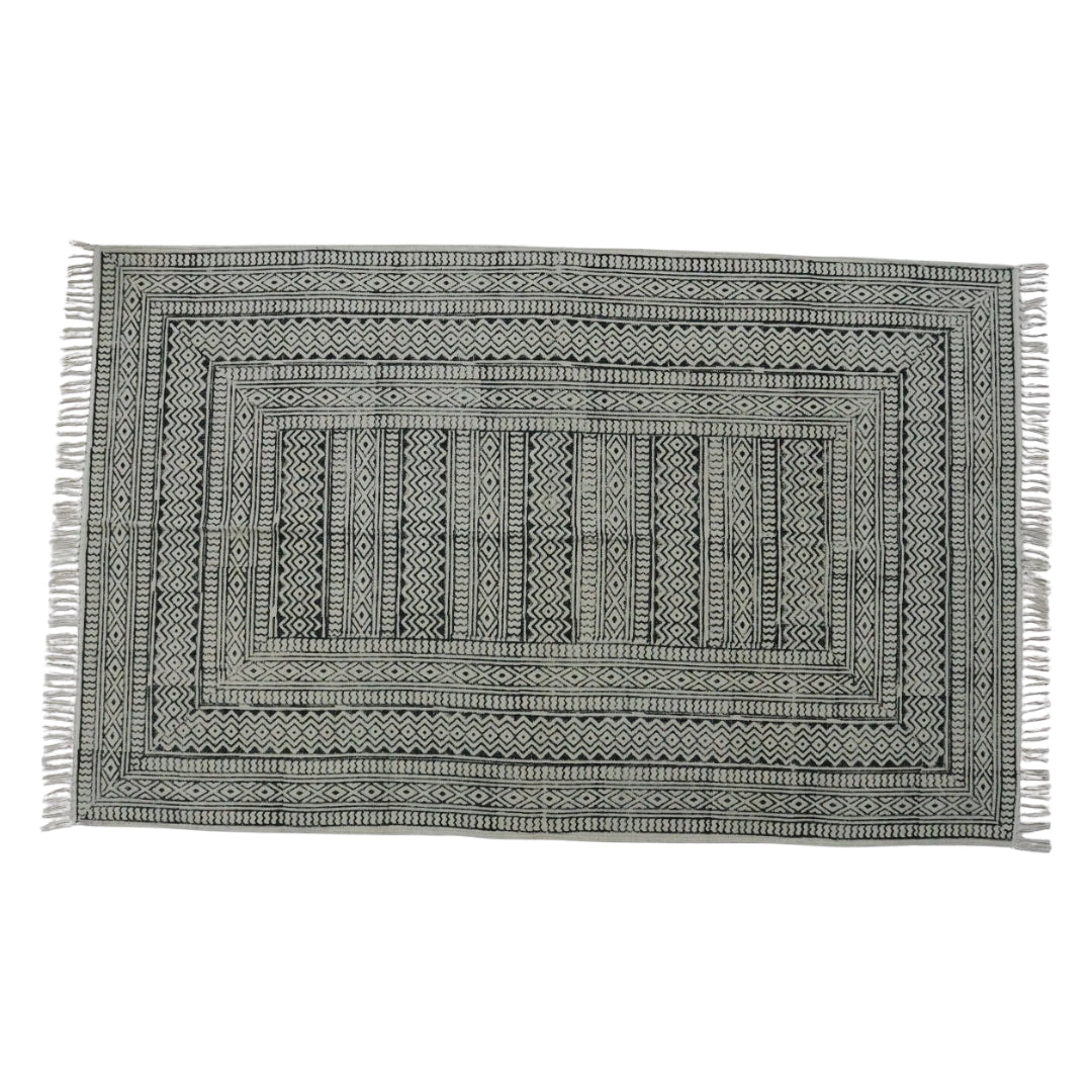 Block Printed Cotton Woven Black Dhurrie