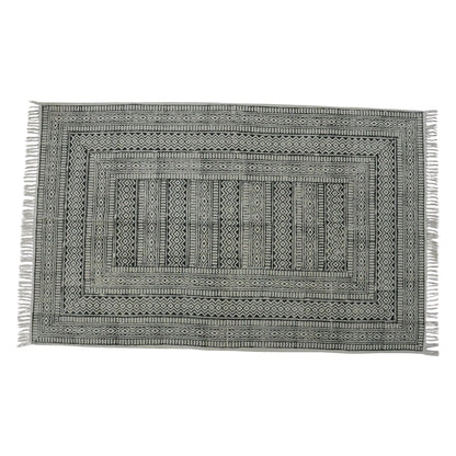 Block Printed Cotton Woven Black Dhurrie