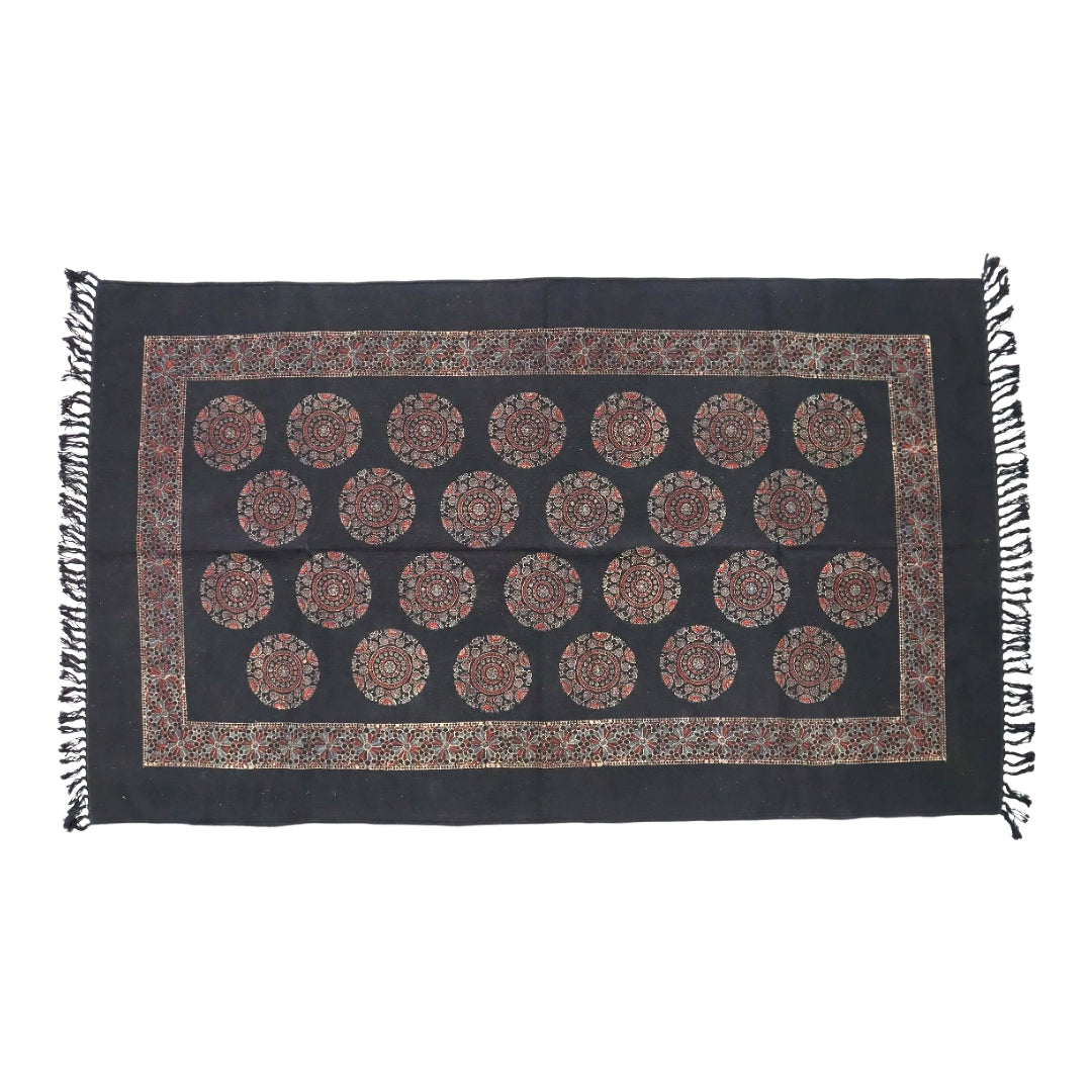 Black Ajrakh Cotton Woven Block Printed Dhurrie