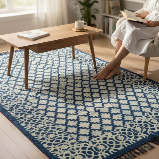 Nila Dabu Indigo Printed Cotton Dhurrie