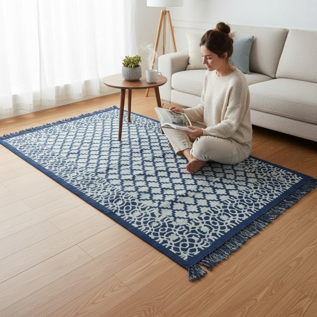 Nila Dabu Indigo Printed Cotton Dhurrie