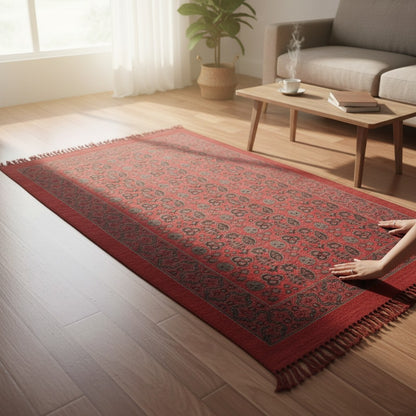 Surya Red Ajrakh Cotton Woven Block Printed Dhurrie