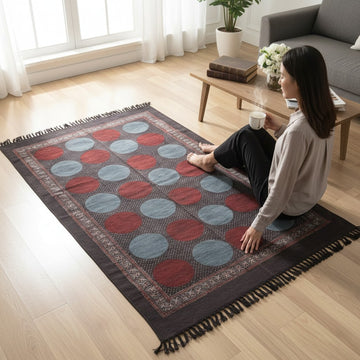 Polka Dot Red Ajrakh Block Printed Cotton Dhurrie