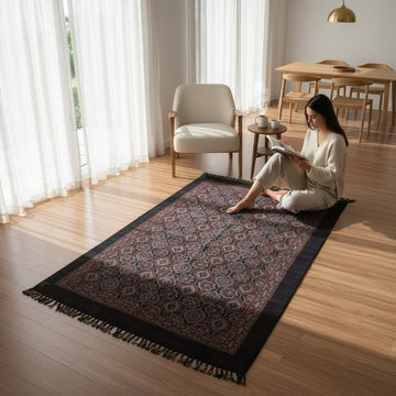 Black Ajrakh Block Printed Cotton Dhurrie