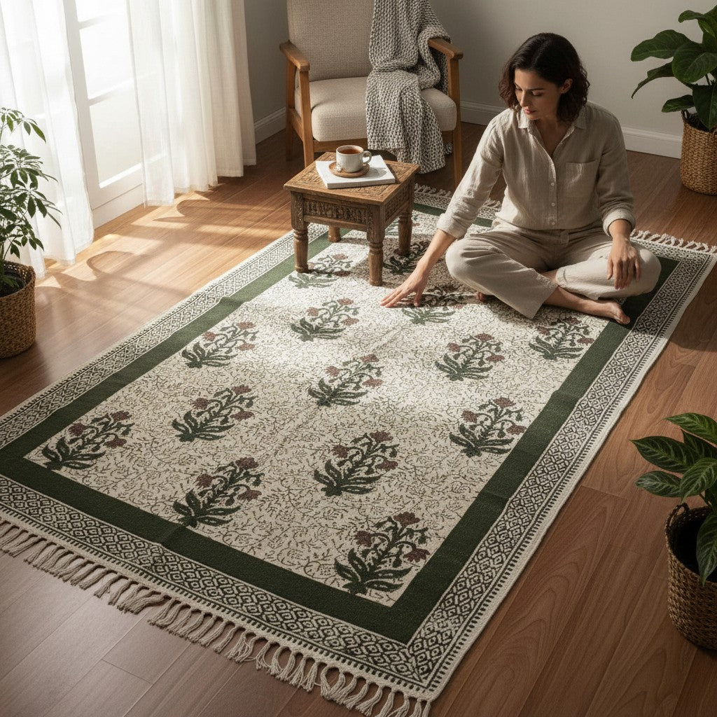 Block Printed Forest Green Cotton Dhurrie