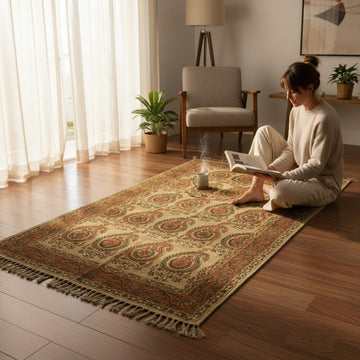 Rust Paisley kalamkari Handblock Printed Cotton Dhurrie