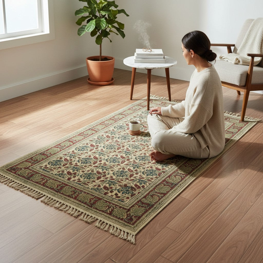 Teethe Red Cotton Kalamkari Block Printed Dhurrie