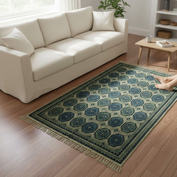 Black Grey Kalamkari Handblock printed Dhurrie