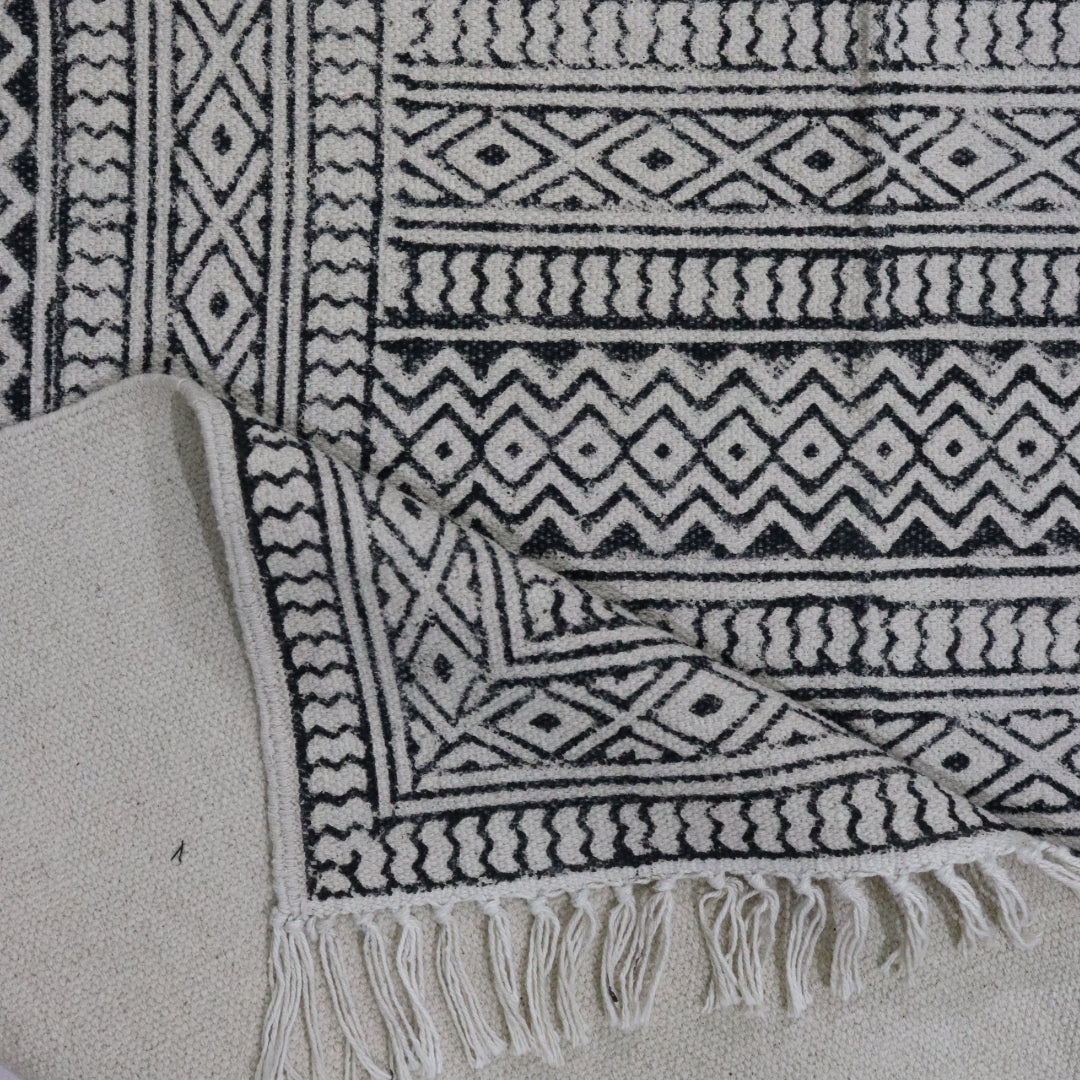 Block Printed Cotton Woven Black Dhurrie