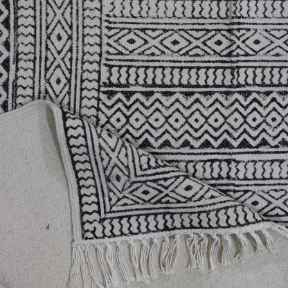 Block Printed Cotton Woven Black Dhurrie