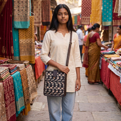 Kalamkari Block Printed Black Sling Bag