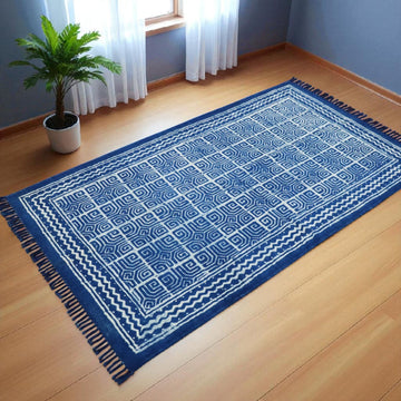 Cotton Woven Indigo Ganik Dabu Block Printed  Dhurrie