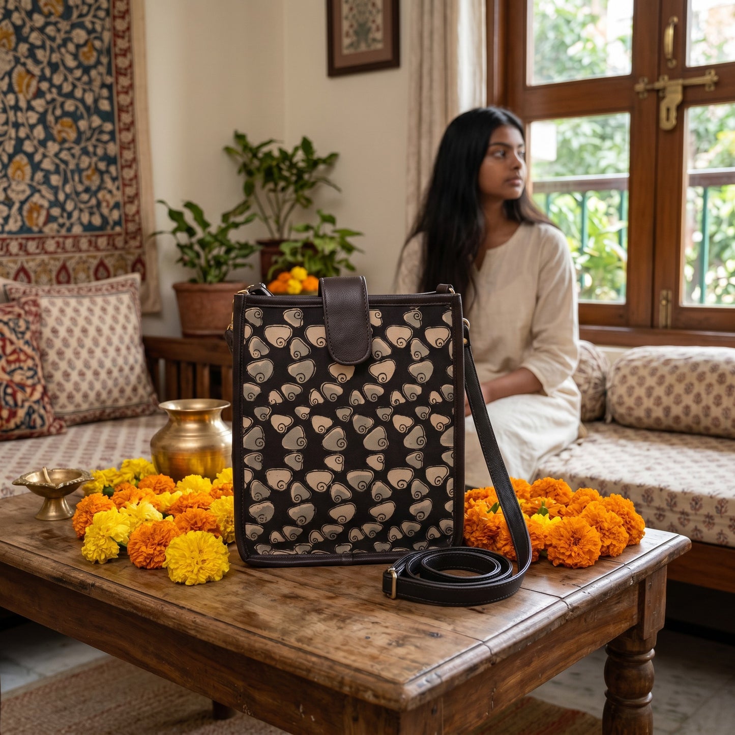 Kalamkari Block Printed Black Sling Bag