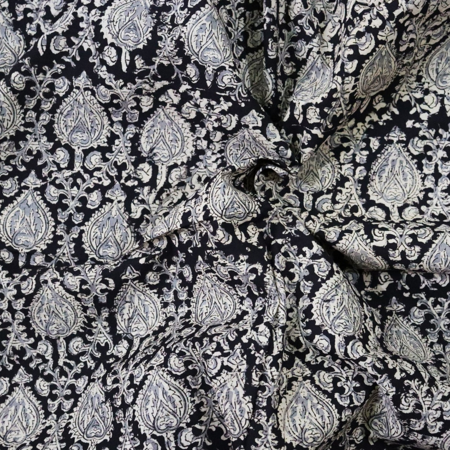 Black Floral Kalamkari Handblock Print Fabric