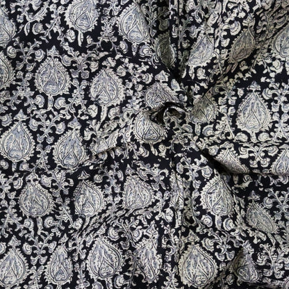 Black Floral Kalamkari Handblock Print Fabric
