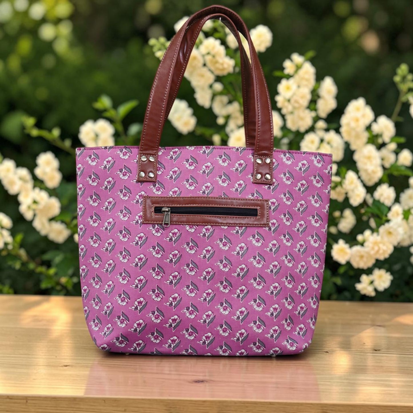 Pink Bagru Printed Tote Bag