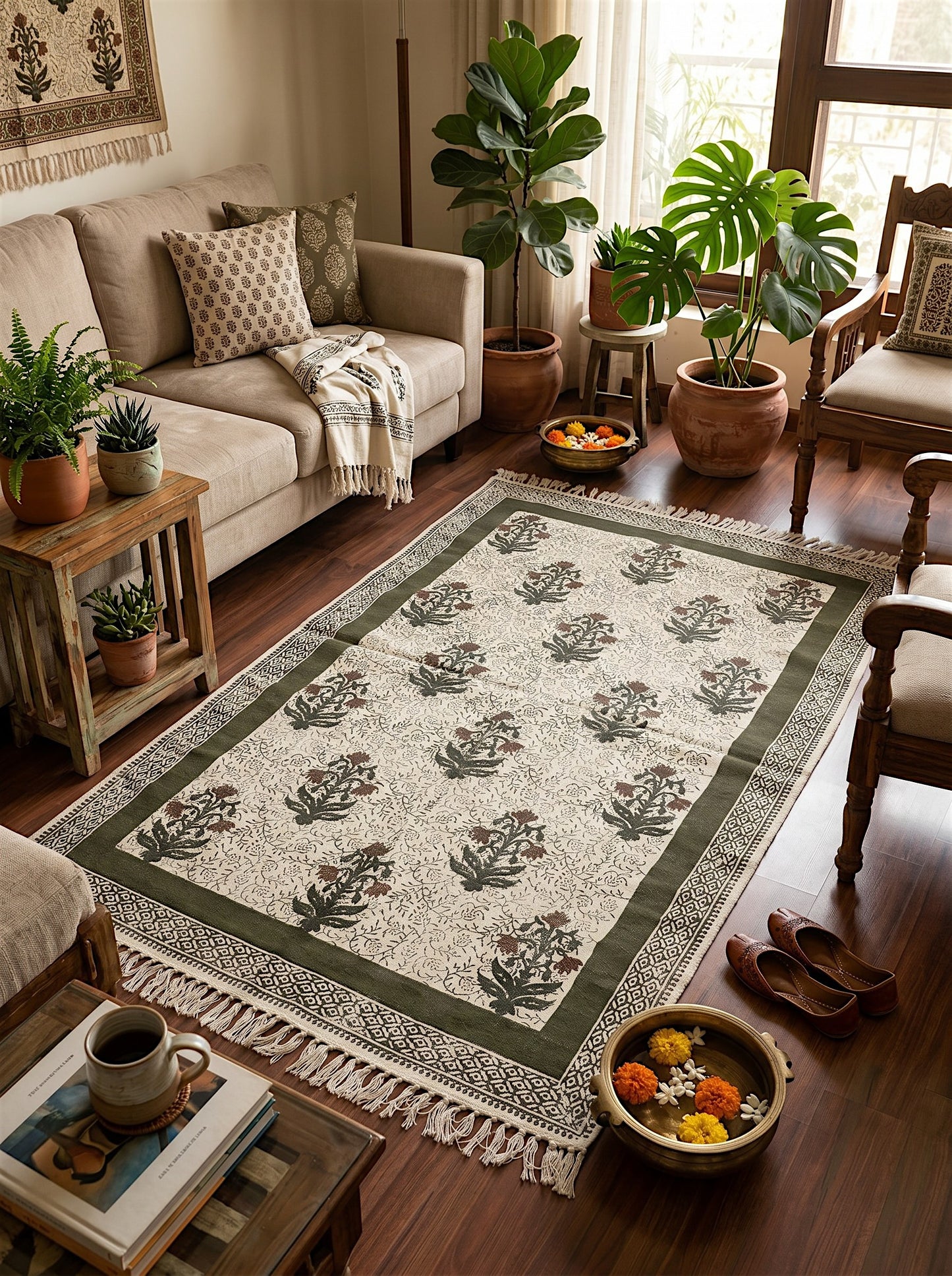 Block Printed Forest Green Cotton Dhurrie