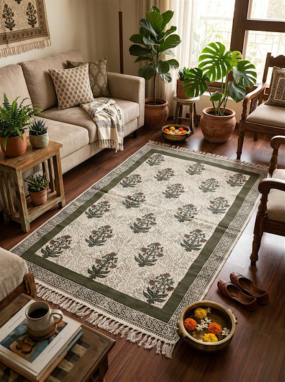 Block Printed Forest Green Cotton Dhurrie