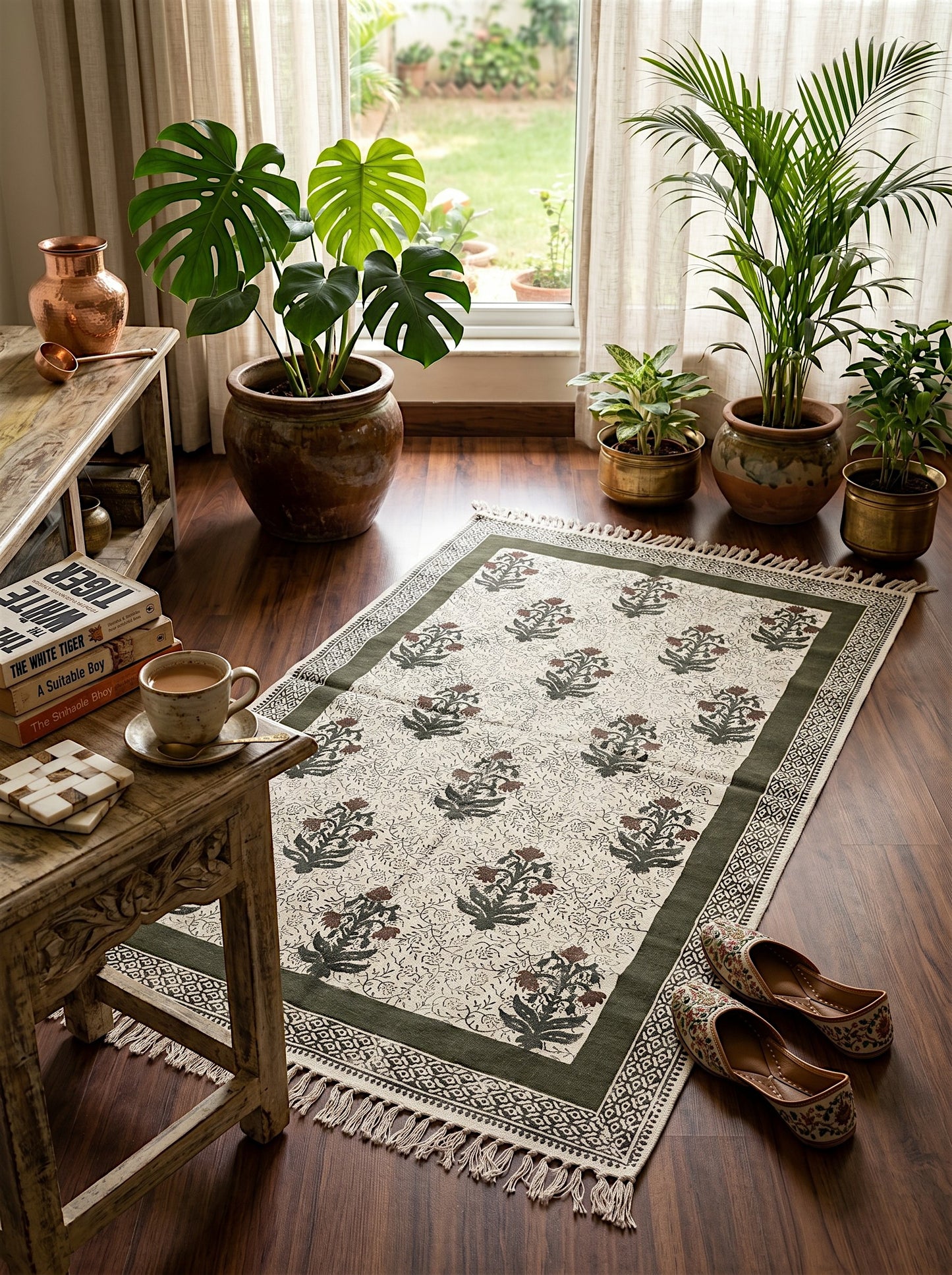 Block Printed Forest Green Cotton Dhurrie