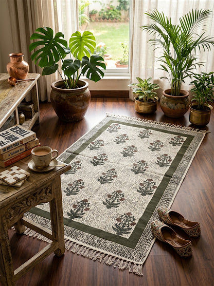 Block Printed Forest Green Cotton Dhurrie