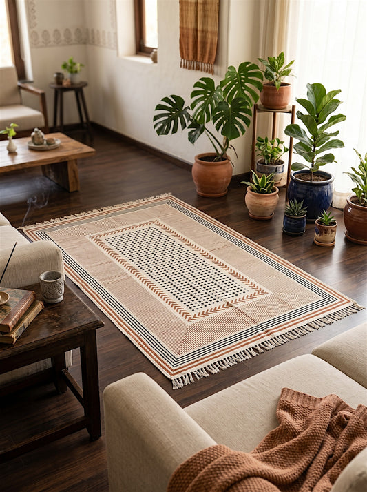 Block Printed Light Orenge Cotton Dhurrie